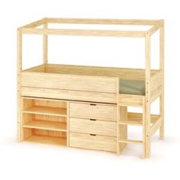 Ma Chambre d'Enfant Lit cabane mi-hauteur avec rangement et matelas Combeebed Bois naturel 90x200 cm Echelle grand côté Structure cabane uniquement 1 étagère + 1 commode Matelas Airfresh 15 cm