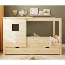 Ma Chambre d'Enfant Lit cabane gigogne enfant et matelas Combeebed Bois naturel 90x200 cm Sans caches sommier Avec toit et porte 1 barrière Matelas Norway 13 cm