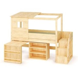 Ma Chambre d'Enfant Lit cabane mi-hauteur avec escalier et matelas Combeebed Bois naturel 90x200 cm 1 bureau + 1 étagère Matelas Airfresh 15 cm