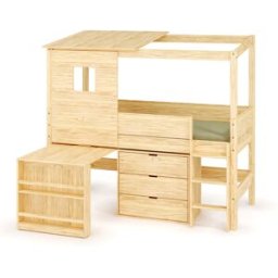 Ma Chambre d'Enfant Lit cabane mi-hauteur avec bureau et matelas Combeebed Bois naturel 90x200 cm Echelle grand côté Toit et fenêtre haut 1 commode Matelas Norway 13 cm
