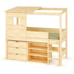 Ma Chambre d'Enfant Lit cabane mi-hauteur avec rangement Combeebed Bois naturel 90x200 cm Echelle grand côté Toit et fenêtre haut 1 étagère + 1 commode