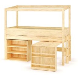 Ma Chambre d'Enfant Lit cabane mi-hauteur avec bureau et matelas Combeebed Bois naturel 90x200 cm Echelle petit côté Structure cabane uniquement 1 étagère Matelas Norway 13 cm