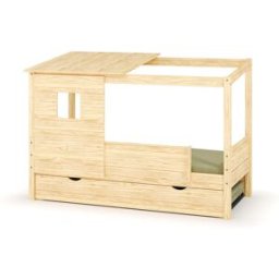 Ma Chambre d'Enfant Lit cabane gigogne enfant et matelas Combeebed Bois naturel 90x200 cm Sans caches sommier Avec toit et porte 1 barrière Matelas Airfresh 15 cm