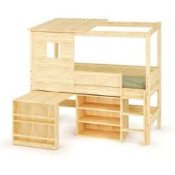 Ma Chambre d'Enfant Lit cabane mi-hauteur avec bureau et matelas Combeebed Bois naturel 90x200 cm Echelle grand côté Toit et fenêtre haut 1 étagère Matelas Airfresh 15 cm