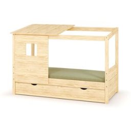 Ma Chambre d'Enfant Lit cabane gigogne enfant et matelas Combeebed Bois naturel 90x200 cm Avec caches sommier Avec toit et porte Sans barrière Matelas Norway 13 cm