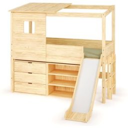 Ma Chambre d'Enfant Lit cabane mi-hauteur avec toboggan et matelas Combeebed Bois naturel 90x200 cm 1 commode + 1 étagère Matelas Norway 13 cm