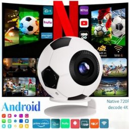 XBJ Mini projecteur 4K Android 14 en forme de ballon de football compatible 1080p avec 800 ANSI lumens, télécommande avec commande vocale, Wi‑Fi 6, Bluetooth 5.4, correction automatique du trapèze