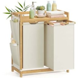 SONGMICS Panier à linge en bambou, Blanc Crème / 100 L (2 Compartments)