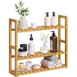 SONGMICS Étagère salle de bain en bambou, Blanc + Naturel