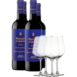 4 bouteilles Marqués de Cáceres Reserva 2020 + 4 verres Bouteilles de vin et verres 2020