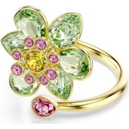 Swarovski Bague ouverte Idyllia, Tailles variées, Fleur, Verte, Doré à l’or 18 carats (750/1000) 60