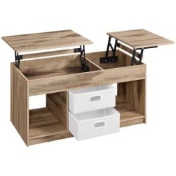 VASAGLE Table basse avec 2 tiroirs et compartiments cachés, Marron Camel + Blanc Nuage