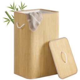 SONGMICS Panier à linge en bambou avec couvercle et sac lavable, 90L Rectangulaire