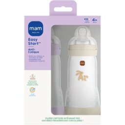 MAM Lot de 2 biberons Easy Start anti-colique Lilas+Sable Tétine Débit 3 (320 ml)
