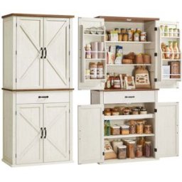 VASAGLE Buffet haut de cuisine avec tiroir placards et étagères réglables, Blanc Rustique / 80L x 178,6H cm