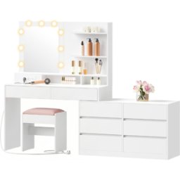 VASAGLE Kailyn Collection - Coiffeuse avec miroir lumineux et rangements pratiques, Blanc Nuage / coiffeuse + Tabouret