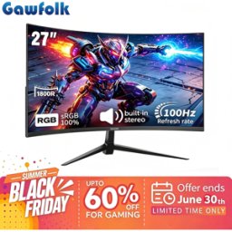 Gawfolk Écran PC Incurvé 27" : Moniteur de Jeu VA FHD 1080P 100Hz 1800R, 100% sRGB, Adaptive Sync, Haut-Parleurs, HDMI/VGA, VESA, Dalle Anti-Lumière Bleue pour Bureau & Maison