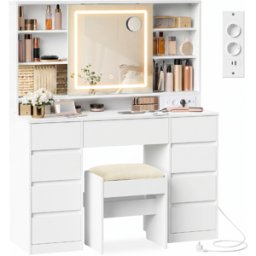 VASAGLE Kailyn Collection coiffeuse avec miroir LED tiroirs et rangement, Blanc Nuage / coiffeuse + Tabouret