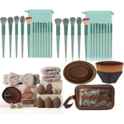 INF Ensemble de 26 pinceaux de maquillage avec éponges, houppettes et bandeau - Café Vert