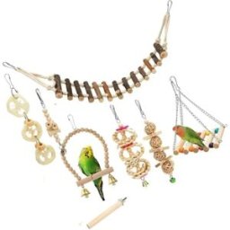 INF Set de Jouets pour Oiseaux 8 Pièces – Bois de Pin et Métal, Balançoire et Échelle, Couleur bois naturel