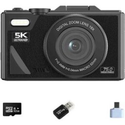 INF Appareil Photo Numérique 5K - 75MP, WiFi, Écran Rabattable, Carte 64 Go, Adaptateur Type-C & Lecteur USB