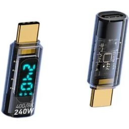 INF Adaptateur USB-C Mâle vers USB-C Femelle 240W avec Affichage Numérique - Bleu Transparent (Lot de 2)