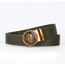 INF Ceinture à Boucle Automatique Tête de Lion - Boucle en Alliage et Sangle Polyester, Taille Réglable 33-37, Queue Découpée Vert foncé