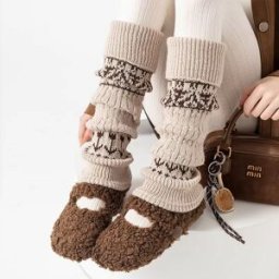 INF Guêtres Style Fair Isle - Chaussettes Épaisses et Chaudes en Acrylique Kaki