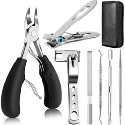 INF Pince pour ongle incarné en acier inoxydable - Set pédicure 7 pièces avec poignée caoutchouc noire et étui
