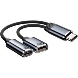 INF Câble adaptateur Type-C 2-en-1 15cm pour casque USB et charge PD, aluminium tressé, OTG USB-A Gris