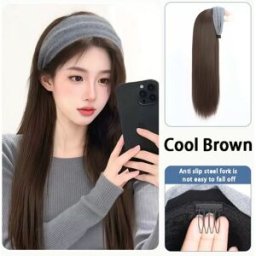 INF Perruque Bandeau Haute Couronne Cheveux Lisses Longs Brun Réaliste