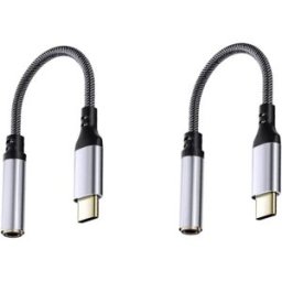 INF Adaptateur USB-C vers Jack 3,5 mm plaqué or, câble tressé en alliage d'aluminium avec télécommande intégrée – Lot de 2 Argent