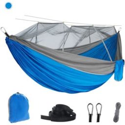 INF Hamac moustiquaire double - Hamac de camping avec moustiquaire intégrée, nylon parachute 210T, maillage haute densité Gris + Bleu