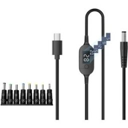 INF Câble USB-C vers DC réglable 1m 8-en-1 avec affichage numérique, 140W PD3.1, 6 tensions, noir