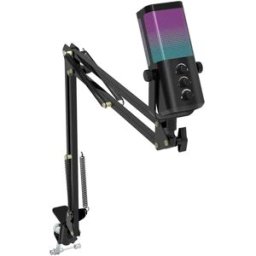 INF Microphone USB gaming avec bras articulé, éclairage RGB, Plug-and-Play pour PC et téléphone, monitoring 3,5mm, Le noir
