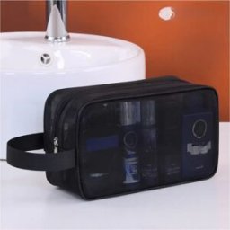 INF Trousse de maquillage portable à main, grande capacité, pochette mesh transparente avec imprimé lettres Le noir