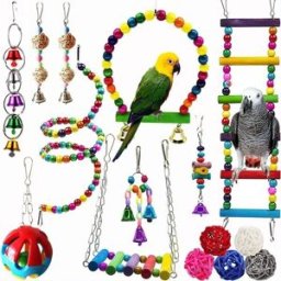INF Ensemble de jouets pour oiseaux 15 pièces - bois de pin et métal pour cage avec balançoire, échelle et accessoires à ronger
