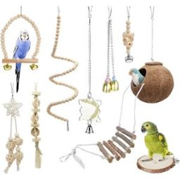 INF Ensemble de 9 jouets pour cage d'oiseaux en pin - enrichissement en bois naturel avec échelle, balançoire et accessoires à