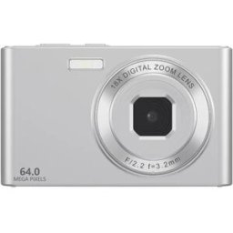 INF Appareil photo style carte à double objectif 64MP 4K, Zoom numérique 18x, Écran 2.8inch, Boîtier PC+ABS compact Argent