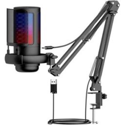 INF Microphone USB Gaming à capsule condensatrice, éclairage RGB, bras réglable, Plug-and-Play, rapport SNR≥75db Le noir