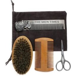 INF Ensemble de coiffage pour barbe - Brosse multicolore en poils de sanglier avec peignes en bois et métal et ciseaux en