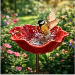 INF Mangeoire piquet fleur en métal fait main – Bol bain d'oiseaux rouge décoratif pour jardin