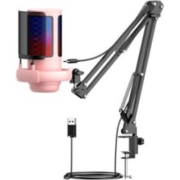 INF Microphone USB Gaming à capsule condensatrice, éclairage RGB, bras réglable, Plug-and-Play, rapport SNR≥75db Rose
