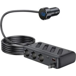 INF Chargeur voiture 3-en-1 allume-cigare PD45W - 142W, affichage tension numérique, câble rétractable 65cm, USB-A et USB-C