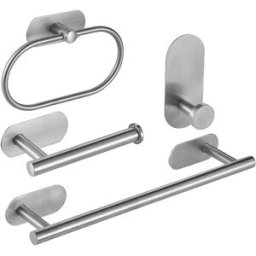 INF Ensemble de 4 pièces d'accessoires de salle de bain en acier inoxydable sans perçage - Porte-serviettes, anneau, crochet et Argent