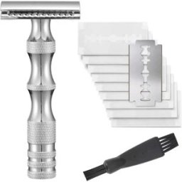 INF Kit de rasoir de sûreté en métal vintage avec 10 lames et brosse de nettoyage compatible avec Huawei, Samsung, APPLE, Garmin Argent