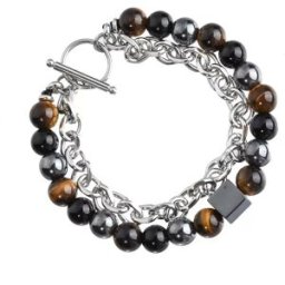 INF Bracelet de perles en pierre volcanique avec chaîne en fer - Naturel et unique