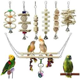 INF Ensemble jouets pour perroquet 7 pièces – bois de pin et métal, couleur bois naturel, échelle et balançoire pour perruches,