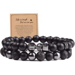 INF Ensemble de Bracelets en Pierre Volcanique et Hématite Noire Mate - Bijoux Élégants à Perles Élastiques (2 Pièces)