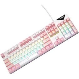 INF Clavier Mécanique Filaire Rétroéclairé Arc-en-ciel Commutateur Bleu Remplaçable à Chaud 104 Touches Blanc + rose